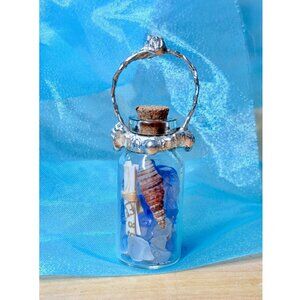 Sea Glass  Message in a Bottle Soldered Pendant & VNTG Rosary Crystal Beads